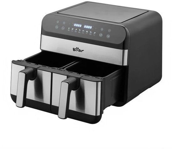 Bear Doppel-Heißluftfritteuse – 9 l Heißluftfritteuse mit 2 Körben – 2400 W – Unabhängige Temperaturregelung & 8 Programme – Digitalanzeige – QZG-F24F1