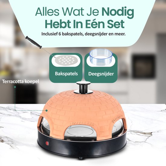 Emerio Pizzarette Original - 6-Personen-Pizzaofen - Handgefertigte Terrakotta-Kuppel - 6 isolierte Backspatel - Edelstahl-Backplatte - Gourmet-Set mit Cool Touch Kuppel - PO-115984 1200W