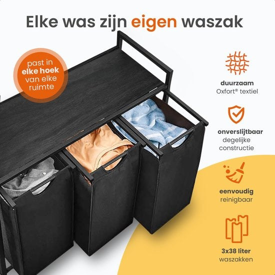 Goliving Wäschesortierer - Wäschekorb mit 3 Fächern - Wäschebox - Oxfort Textil/Metall/Holz - 3 x 38 Liter - 25 x 92,5 x 71 cm - Schwarz