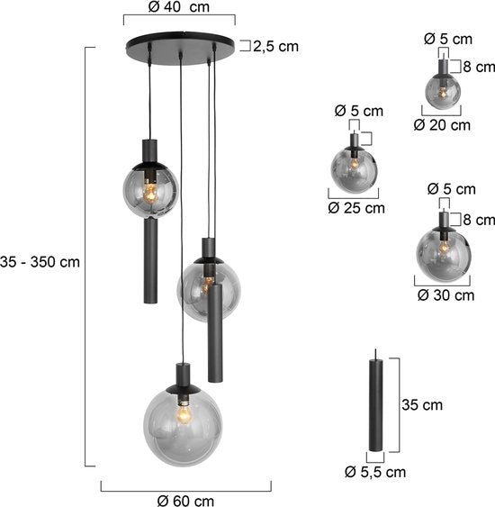 Steinhauer - Pendelleuchte - Bollique LED - schwarz - Glas Metall Rauchglas - Ø 60cm - E27 GU10 - 3800ZW
