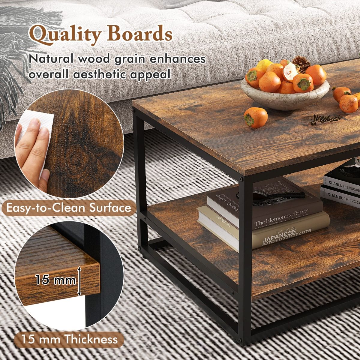 Coast Couchtisch – rechteckig – 2-stöckiger Stauraum – rustikales Braun und Schwarz – 105 x 50 x 42,5 cm