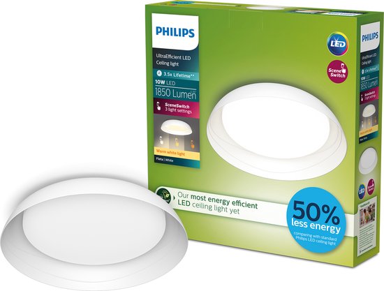 Philips Fleta Deckenleuchte – Hocheffizient – SceneSwitch-Lichttechnologie – 10 W – Warmweißes Licht – Weißes Design – Energiekosten sparen