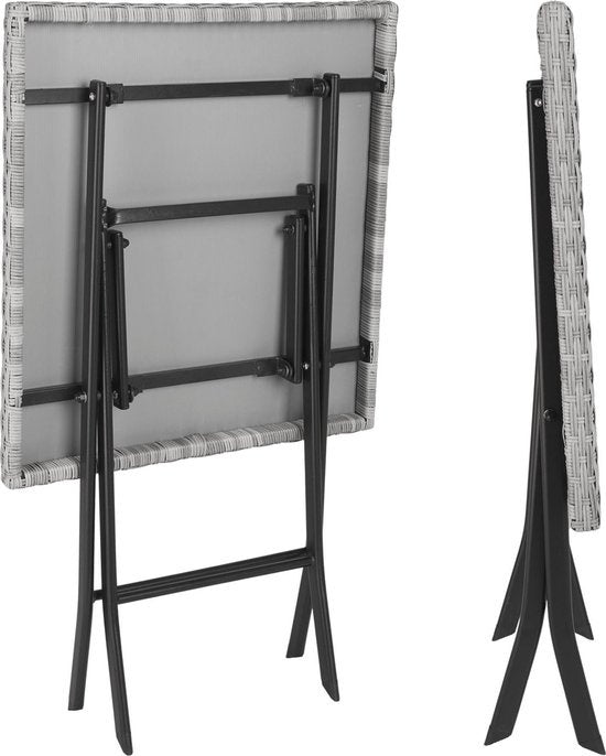 tectake - Balkon- oder Garten-Bistro-Garnitur aus Geflecht, Sitzgruppe mit 2 Stühlen und 1 kleinen Esstisch, platzsparend zusammenklappbar, Gartenmöbel, Balkonmöbel kleiner Balkon - hellgrau