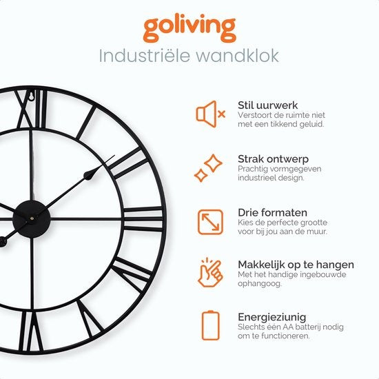 Goliving Wanduhr Industrial - Geräuschloses Uhrwerk - Moderne Wanduhr - Metall - Ã˜ 70cm - Schwarz