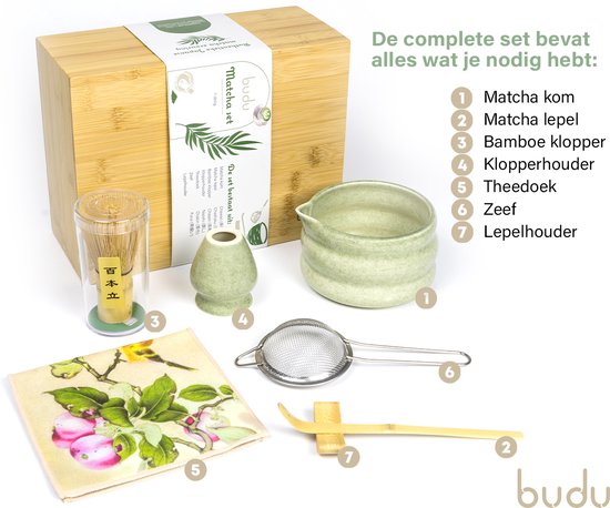 Budu Matcha-Set 7-teilig - Matcha-Besen - Matcha-Schale - Matcha-Besen - Matcha-Starter-Set - Sieb - Matcha-Geschenkset - Weihnachtsgeschenk