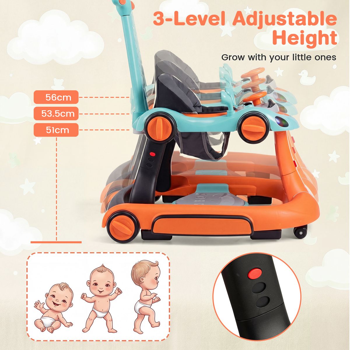 Coast 7-in-1-Lauflernwagen – höhen- und geschwindigkeitsverstellbar – mit Musik und Licht – orange