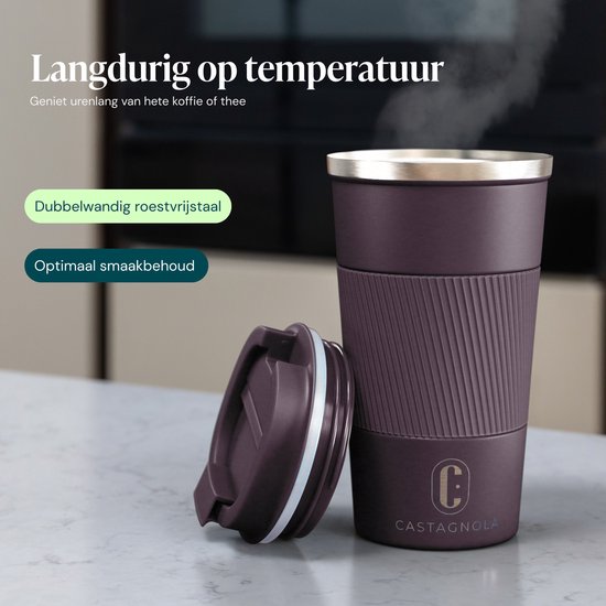 Castagnola Thermobecher – Kaffeebecher zum Mitnehmen – Reisebecher für Kaffee und Tee – Teebecher – 510 ml – Edelstahl – Braun