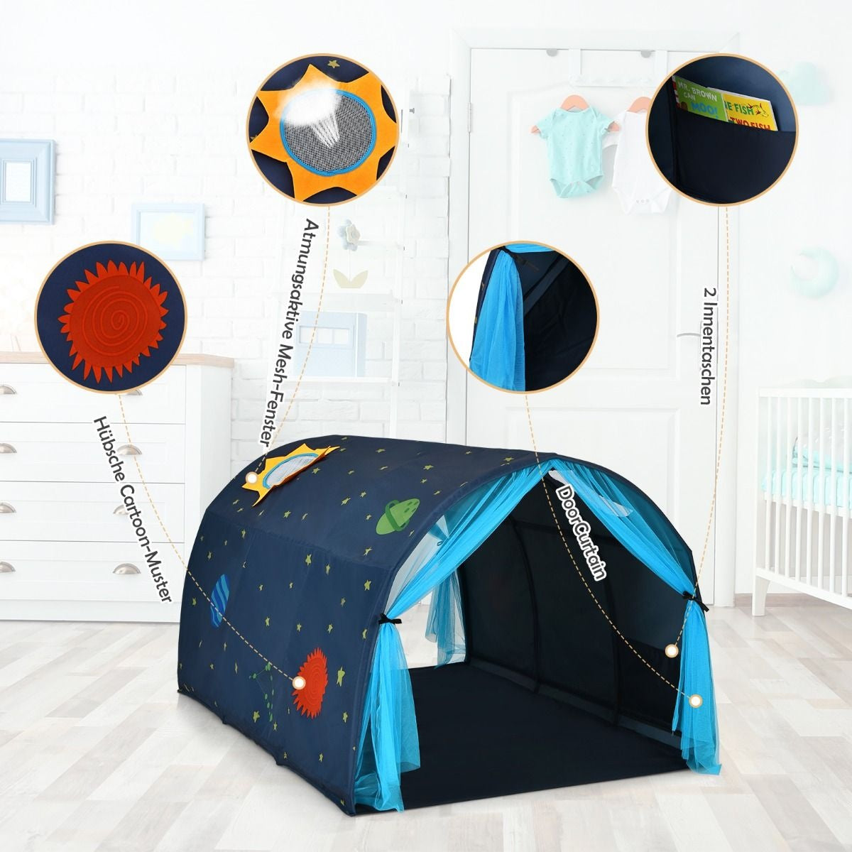 Coast Cot Princess Kinderspielhaus Kinderzelt mit Fenster & Tasche & Vorhang Blau