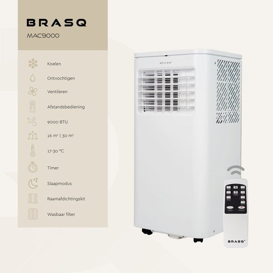 BRASQ 3-in-1 Mobiles Klimagerät – 9000 BTU – Inkl. Fensterdichtungsset & Fernbedienung – Für Räume bis 16 m² – Weiß