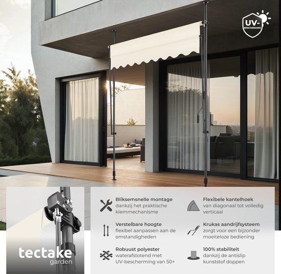 tectake® Klemmmarkise mit Handkurbel – Balkonmarkise ohne Bohren – Höhenverstellbar – UV-beständig – Wasserabweisend – Terrassenüberdachung – Sonnenschutz für Terrasse und Balkon – Breite 200 cm – Beige