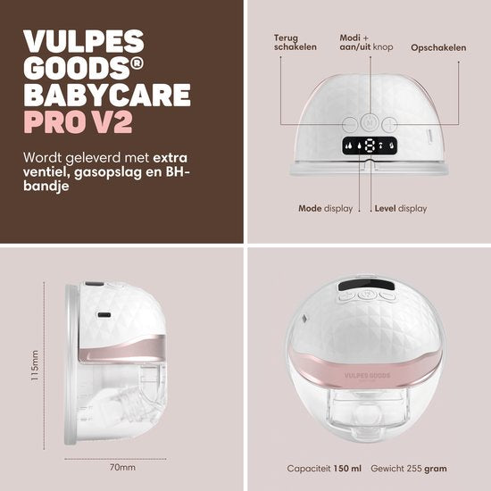 Vulpes Goods BabyCare Double Breast Pump PRO V2 - Elektrische Milchpumpe - App Steuerung - 150 ml - USB-C Wiederaufladbar - Weiß/Rose Gold