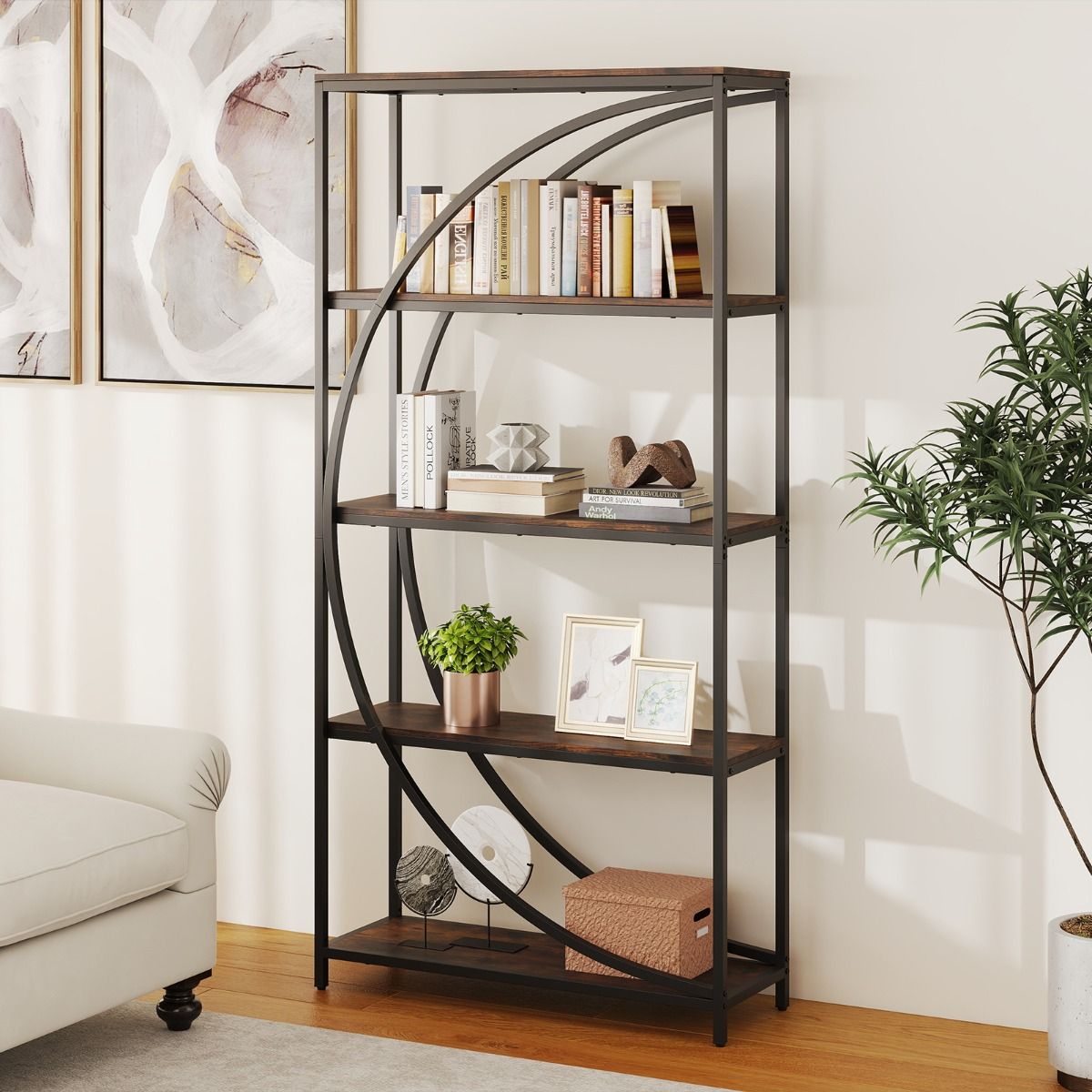 Coast Bücherregal mit 5 Fachböden – geschwungenes Design – Metallgestell – braun – 86 x 30 x 175 cm