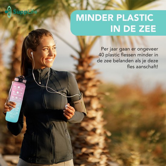 Supplife Trinkflasche – 1 Liter – mit Strohhalm – Motivation – Sporttrinkflasche – BPA-frei – Pink Aqua