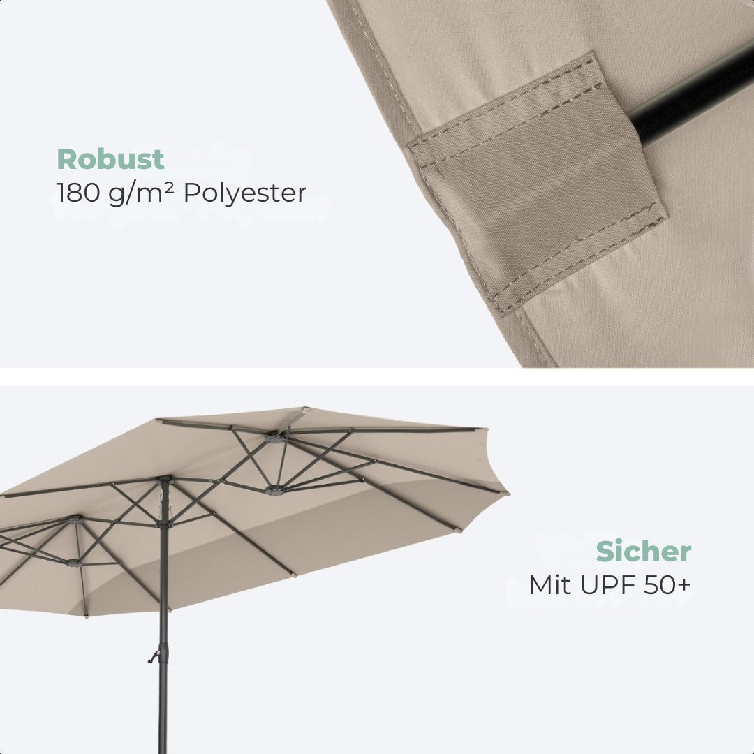 LifeGoods Doppelter Sonnenschirm - 270x460cm - Bis zu 15 Personen - Wasserdicht - Mit Bezug - Taupe