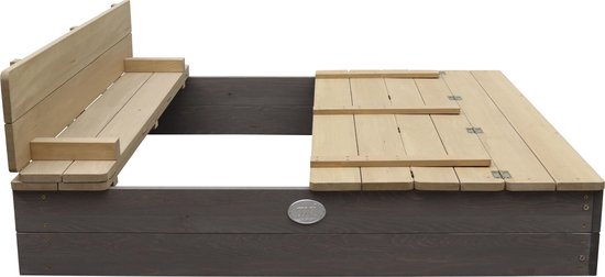 AXI Ella XL Holzsandkasten in Grau/Braun – mit Sitzbänken und Abdeckung – FSC-Holz – 120 x 120 x 20 cm – Sandkasten für Kinder