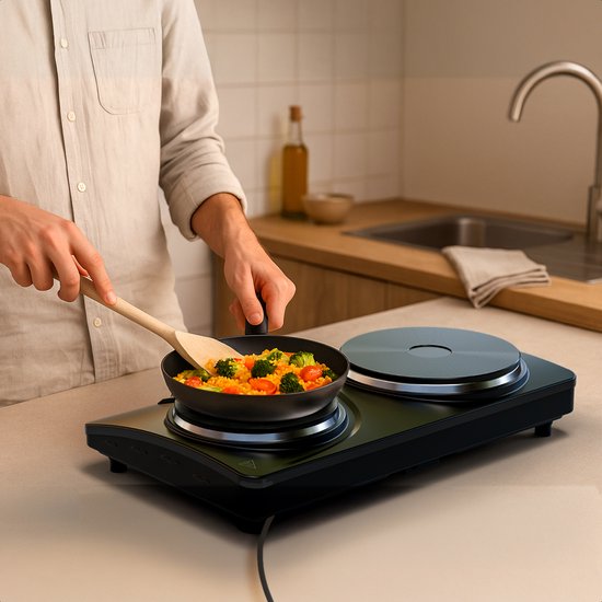 KitchenBrothers Elektrokochfeld - 2 Brenner - Freistehend - 7 Temperaturstufen - 1500W + 1000W - Schwarz