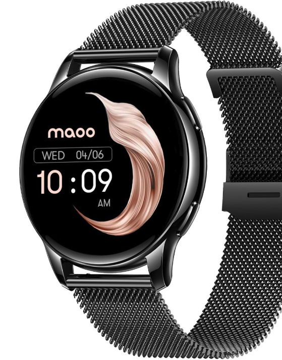 Maoo Ventura AMOLED Smartwatch Damen - Edelstahl und 3x Silikonband - Schrittzähler - Herzfrequenzmesser - Schlafüberwachung - Multisport - Geeignet für Android und iOS - Schwarz