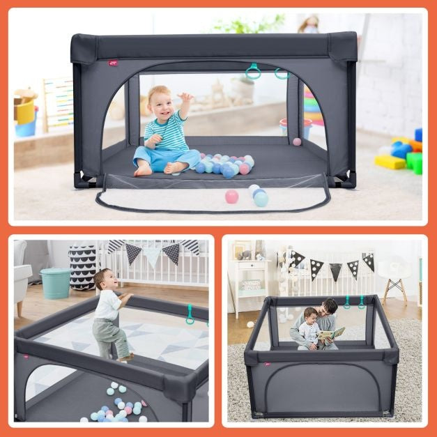 Coast Baby Laufstall Ground Box mit 50 Spielbällen Laufstall mit atmungsaktivem Netz 120 x 120 cm Dunkelgrau