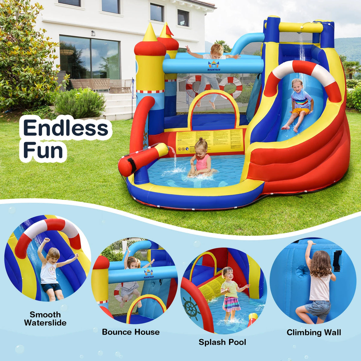 Costway aufblasbare Hüpfburg mit 550-W-Gebläse, 6-in-1-Wasserpark, inklusive Rutsche, Schwimmbecken und Wasserkanone