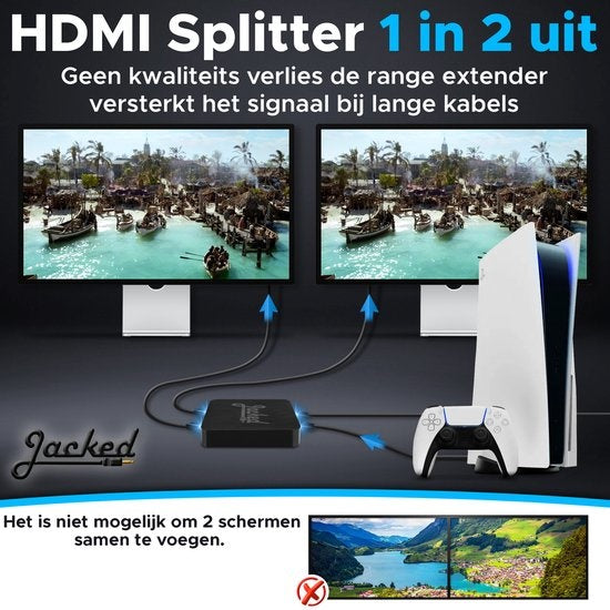 Jacked 2-Wege-HDMI-Splitter - Mit Buchse - HDMI-Umschalter 4K - Schwarz