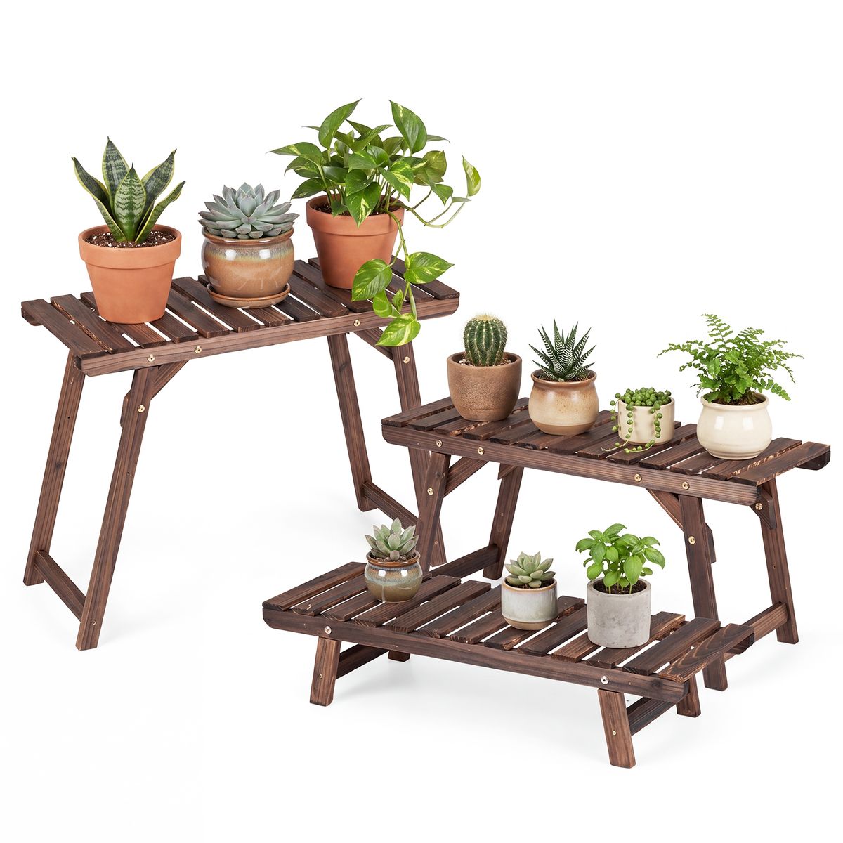 Coast Pflanzenständer, 3-teiliges Set – 3 Ebenen – karbonisiertes Kiefernholz – braun