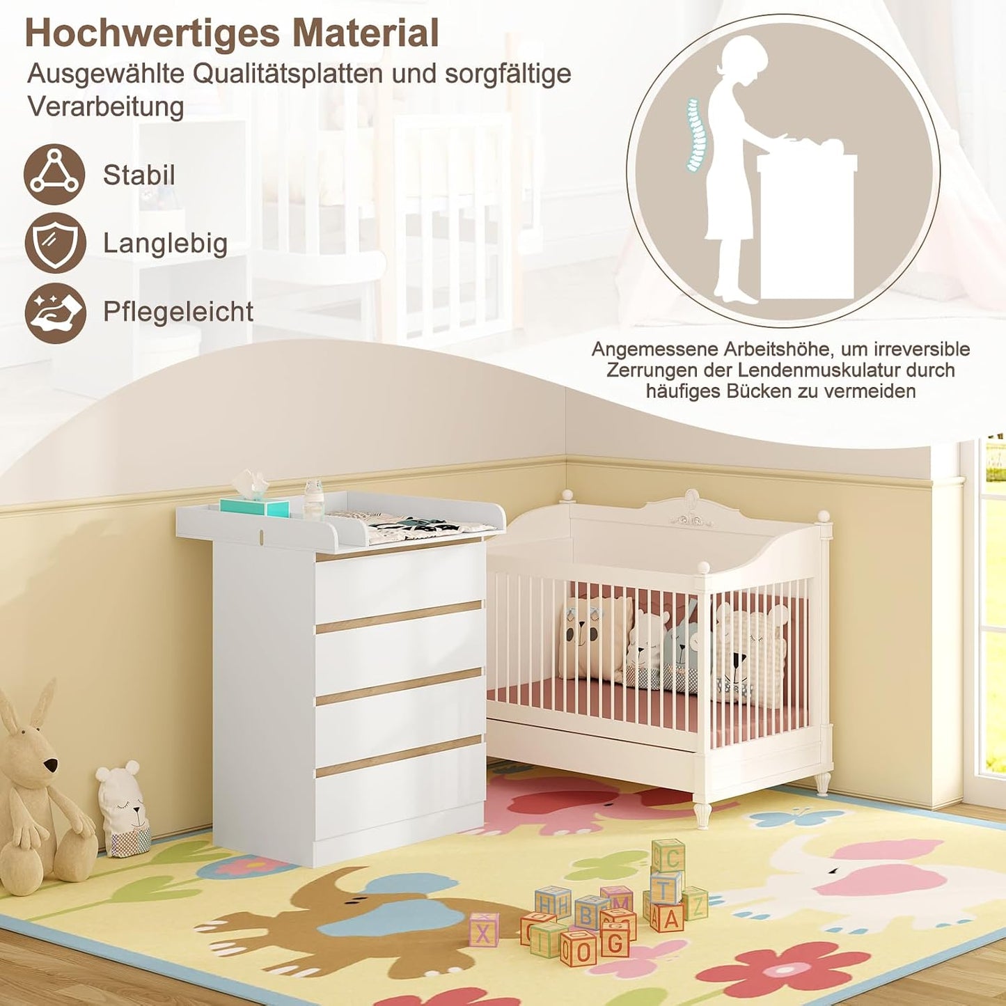 WOLTU Babykommode mit abnehmbarer Wickelauflage – 4 Schubladen – FSC-zertifiziertes Holz – Weiß
