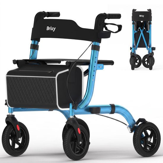 Brixy Rollator – Leicht & zusammenklappbar – 360°-Gummiräder – Sitzfunktion – Für drinnen und draußen – Rückenlehne, Tasche & Gehstockhalter – Blau
