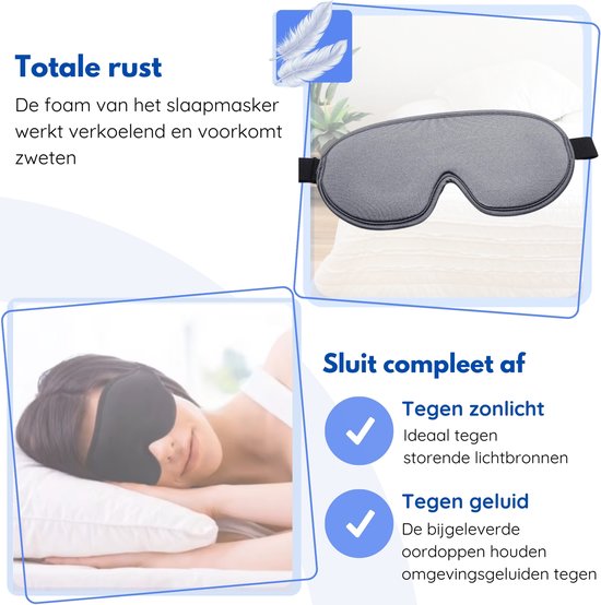 Hilvard - Schlafmaske - Augenmaske - Inklusive Schlaf-Ohrstöpsel - 100% Verdunkelung - Verstellbar - Ergonomisch - Grau