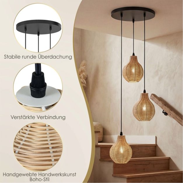 Coast 3-flammige Rattan-Hängeleuchte – Verstellbar 24–102 cm – Ø 30 cm – Schwarz und Beige
