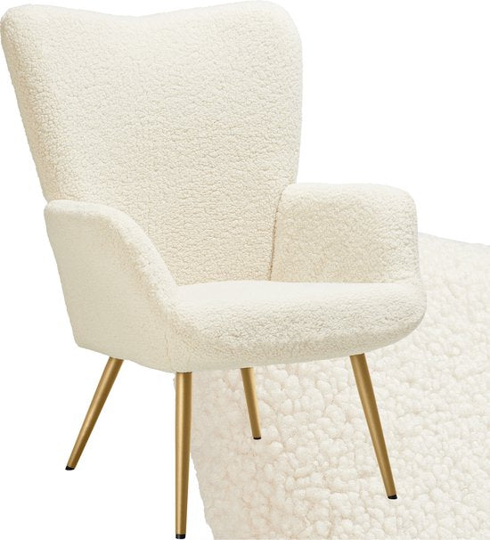 tectake Ohrensessel im skandinavischen Stil - Teddy Chair Hygge - Sessel für Wohnzimmer, Schlafzimmer - Loungesessel - Goldfarbene Metallbeine - Belastbarkeit bis 150 kg - Creme