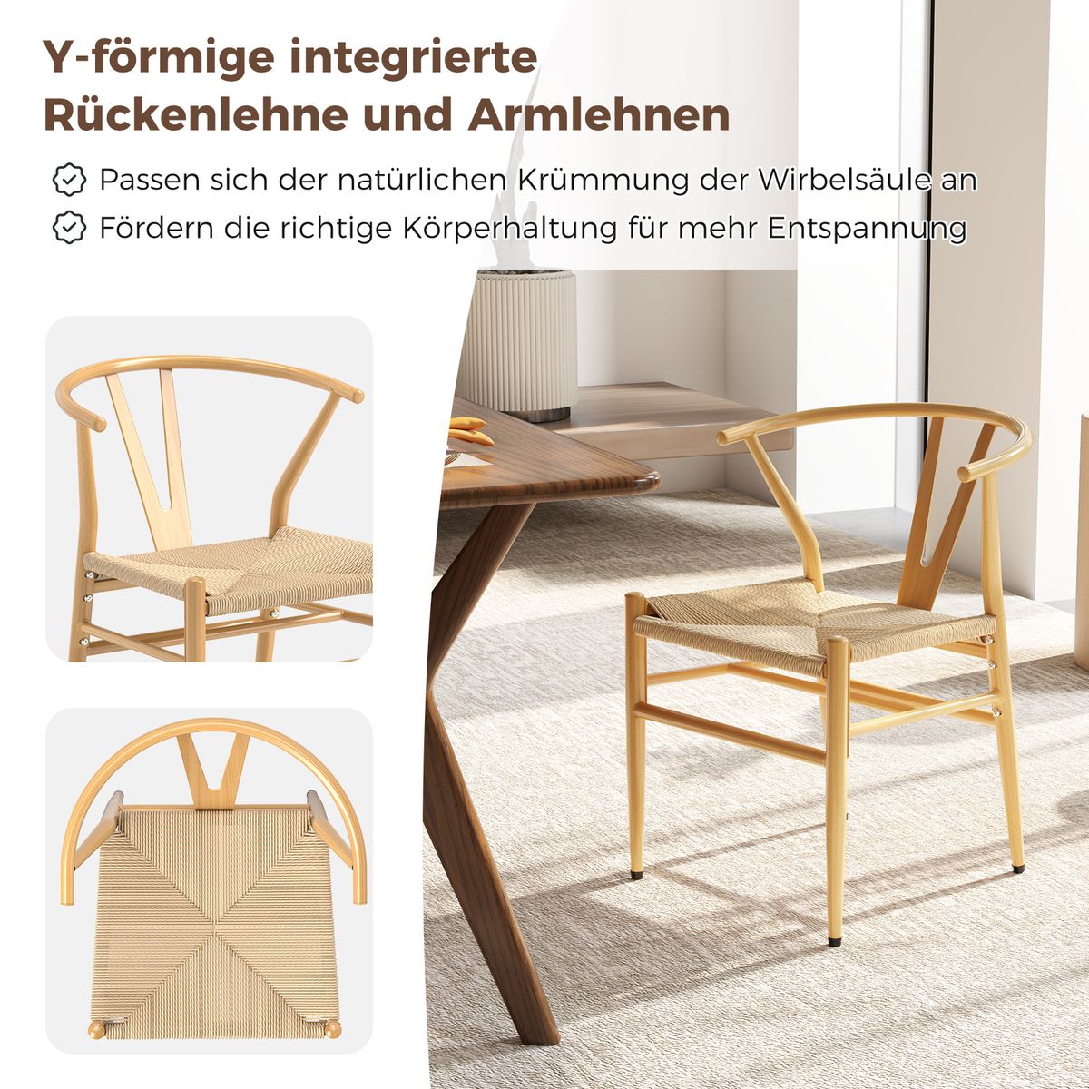Coast Esszimmerstühle, 2er-Set – Y-förmige Rückenlehne – Sitzfläche aus geflochtenem Rattan – Naturfarben