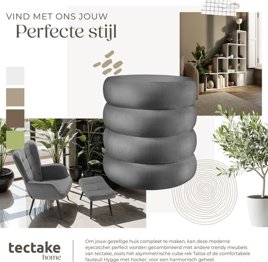 tectake® Hocker mit Ablage - Scandi Hocker Samtstoff - Runder gepolsterter Hocker für Frisiertisch, Schlafzimmer, Wohnzimmer oder als Flurmöbel - Ablagehocker - grau