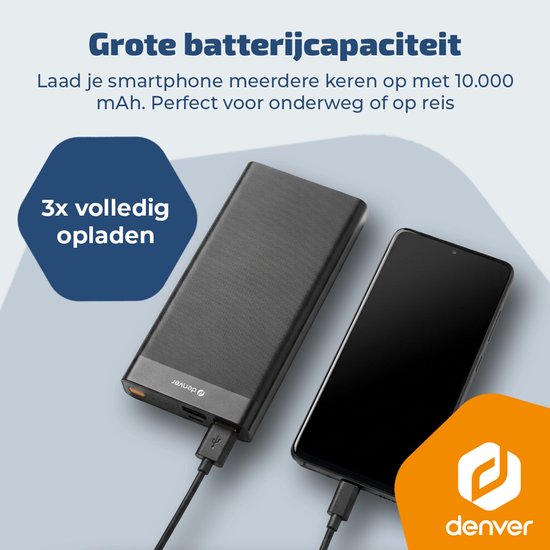 Denver Powerbank – 10.000 mAh – 22,5 W Schnellladung – LED-Anzeige – Notfallpaket – PQC10008