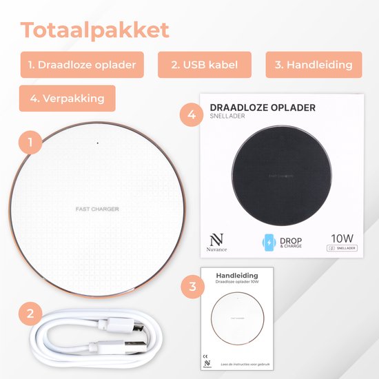 Nuvance - Wireless Charger 10W - Inklusive Kabel - Wireless Charger - Schnelles Ladegerät - Geeignet für alle Qi Smartphones - Weiß und Gold