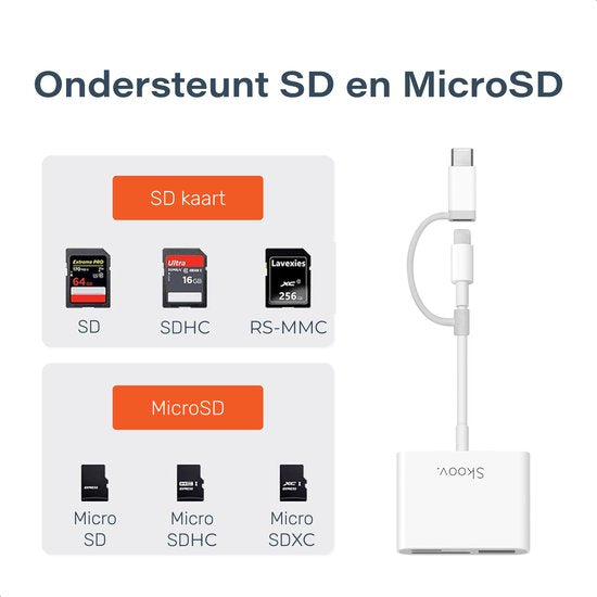 Skoov SD Kartenleser - Kartenleser für iPhone und USB-C - Micro SD und SD Kartenleser - Lightning Adapter - Speicherkartenleser - SD und Micro SD Leser - USB zu USB C
