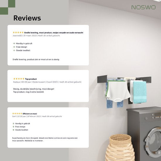 Noswo Zusammenklappbarer Wäscheständer - Wandtrockner - Inklusive 20 Wäscheklammern - Hängender Wäscheständer - Zusammenklappbar - Wand - Aufhängbar - 4m Trocknungslänge - Schwarz