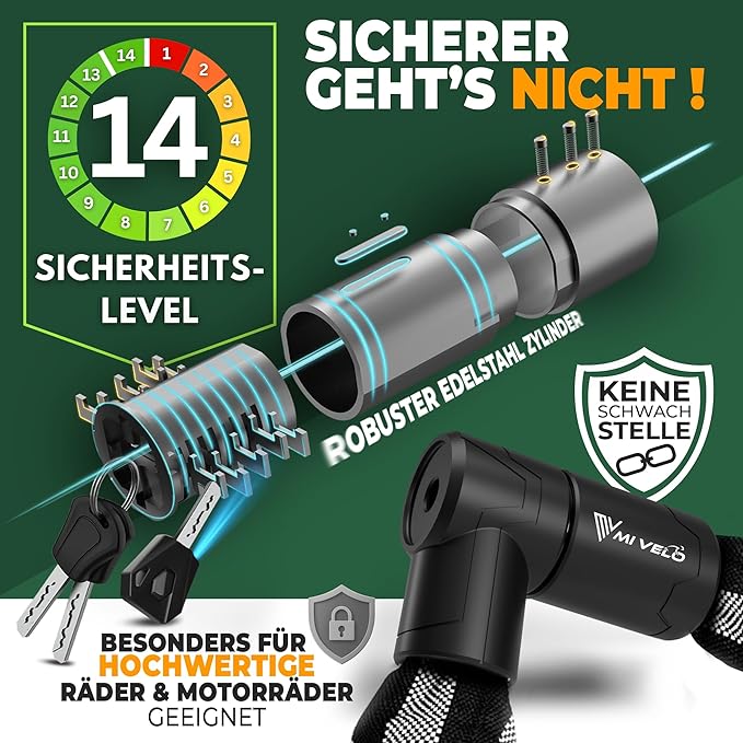 MIVELO Kettenschloss - 10 mm gehärteter Stahl & Nylonbeschichtung - 120 x 4 x 4 cm - Schwarz