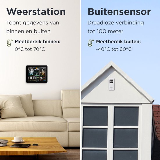 LONQ - Innen- und Außenwetterstation Q5 - Inkl. Batterien - Funkwetterstation mit Außensensor - Thermometer Hygrometer - Farbdisplay - DCF-gesteuerte Uhr - Schwarz