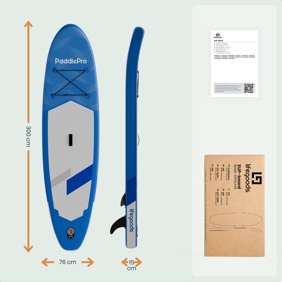 LifeGoods SUP Board All-round Compact - mit Sitz - 100 KG Tragfähigkeit - 300 x 76 cm - Aufblasbar - Komplettes SUP Paket - Blau