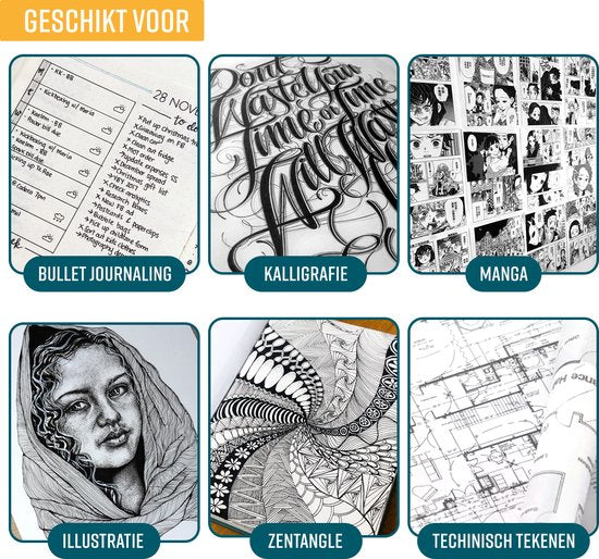 NAPI 10 Fineliner schwarz inkl. Pinselstift & Lineal - 0,2 bis 3mm - Stifte schwarz - Bullet Journal Zubehör - Zeichenstift-Set