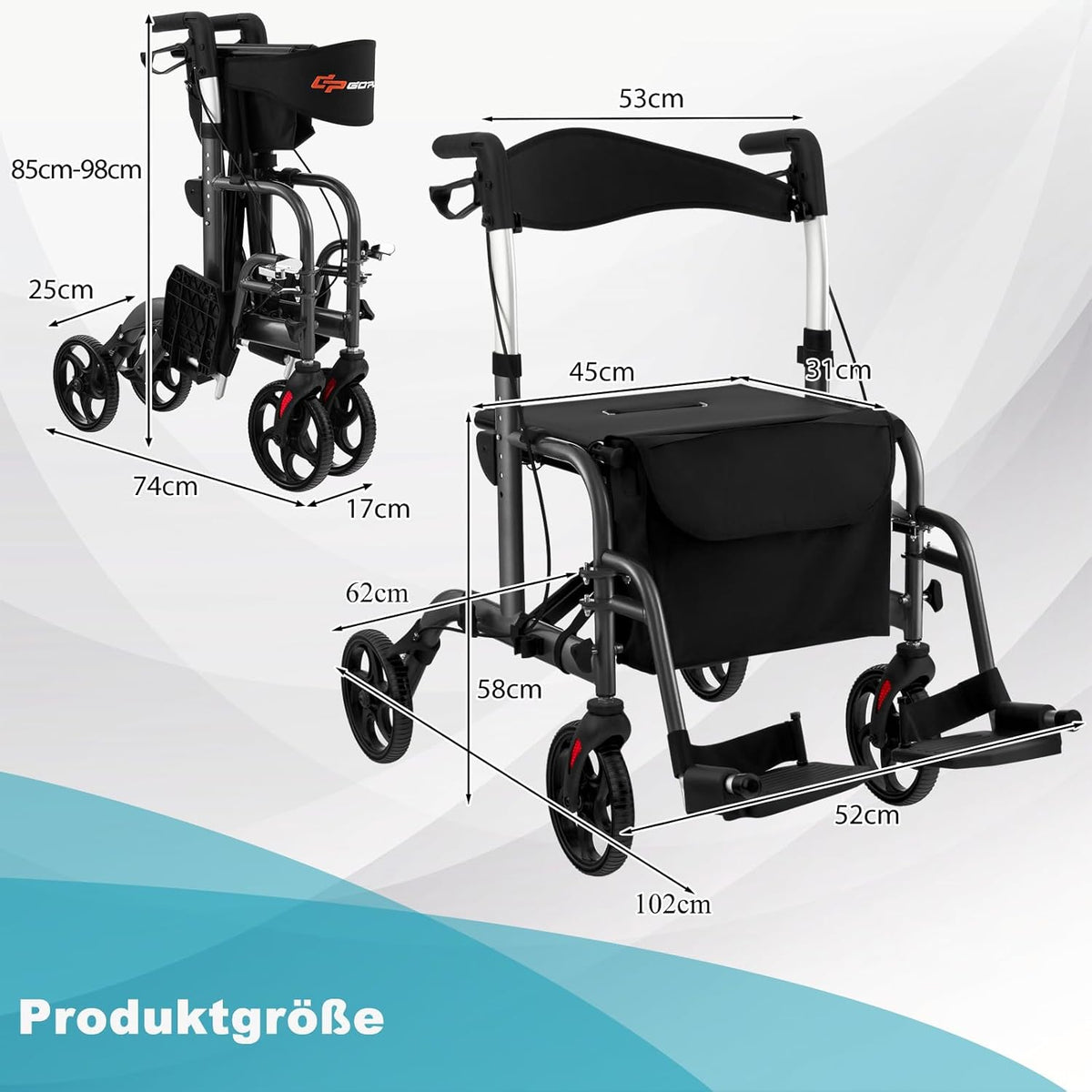 Coast Faltbarer Rollator - Multifunktional - Höhenverstellbar - Mit Tasche und Stockhalterung - Schwarz