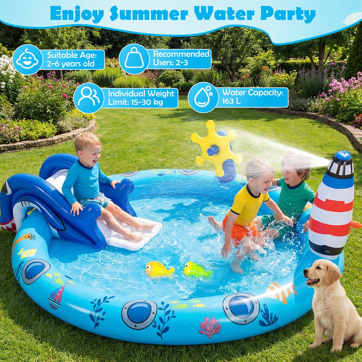 Coast Aufblasbares Kinderplanschbecken – Wasserspielzentrum im Meeres-Design – Haifisch-Rutsche und Sprühdüse – Mehrfarbig 188 x 153 x 63 cm