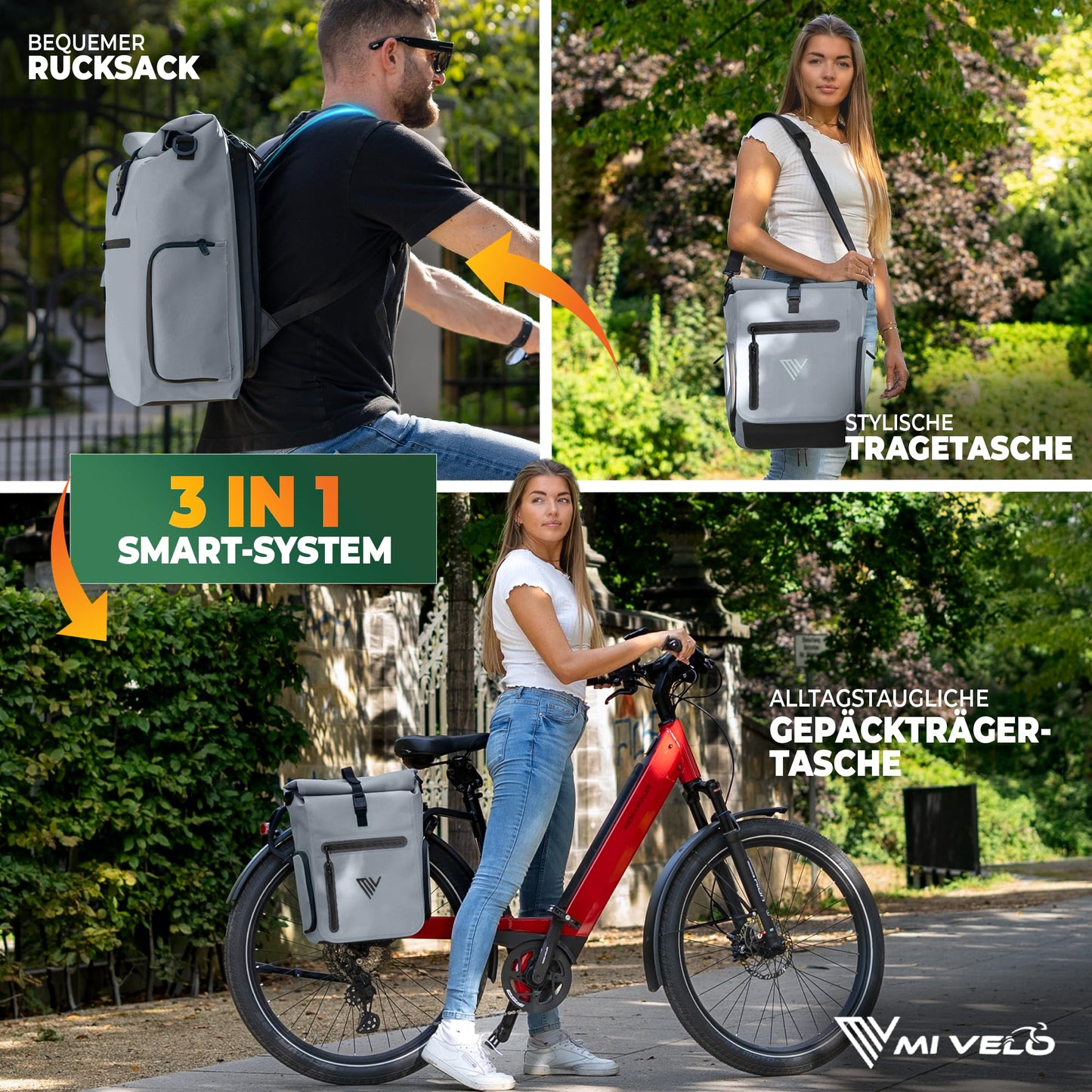 MIVELO - EVO 25L 3-in-1-Fahrradtasche für den Gepäckträger – Rucksack und Umhängetasche – 100 % wasserdicht und vollständig reflektierend