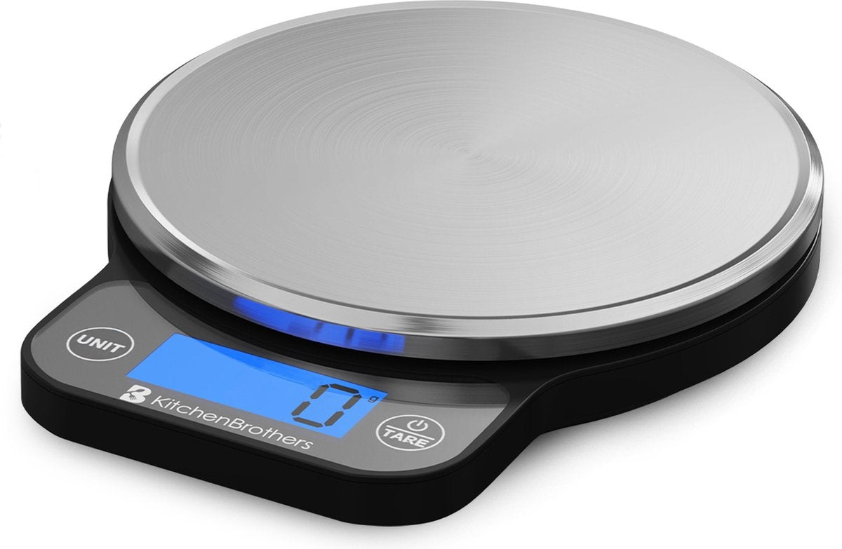 KitchenBrothers Küchenwaage - Waage Küche Digital - 1 g bis 6 kg - Tara Funktion - Batterien enthalten - Edelstahl/Schwarz