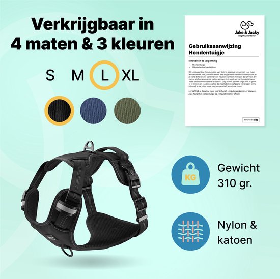 Jake and Jacky - Hundegeschirr - Y-Geschirr Hund - Reflektierend - Größe L - Schwarz