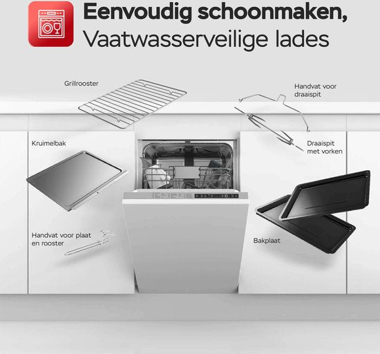 TurboTronic - EV45 Freistehender Backofen - 45 Liter Fassungsvermögen - 2000W Leistung - Heißluft- & Rotisserie-Funktion - 100-230°C - Schwarzer Edelstahl