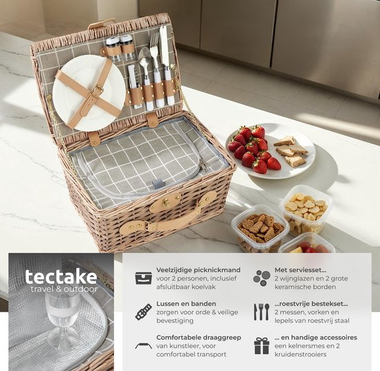 tectake - komplettes Picknickkorb-Set Ameland - Luxuriöses 13-teiliges Picknick-Set für 2 - Picknickkorb aus Weidengeflecht - Inklusive Kühlbox, Set mit Tellern, Kunststoff-Weingläsern und Edelstahl-Besteck