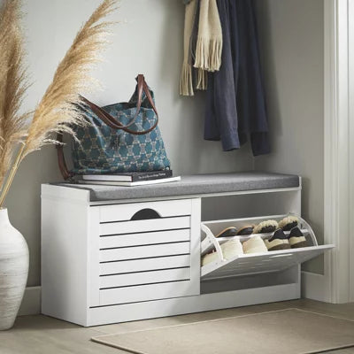 SoBuy Schuhschrank mit Sitzkissen – 2 Klappen – 94 x 30 x 47 cm – Weiß