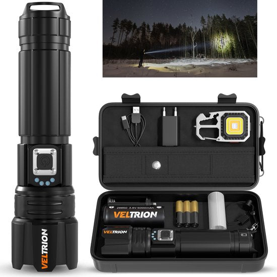 Veltrion LED-Taschenlampe, wiederaufladbar – Kostenloses Zubehör – Militärtaschenlampe – 6000 Lumen – 26650-Akku – 5 Leuchtstufen – Powerbank-Funktion – Taschenlampe mit Akkus – Notfallpaket