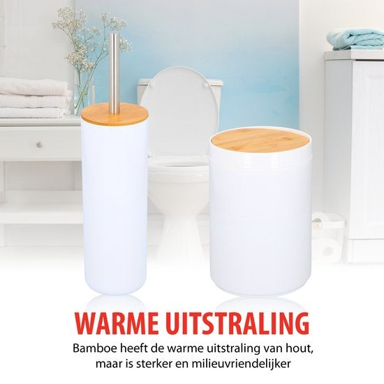 alpina Badezimmerset - Toilettenset - 6-teilig - Seifenspender - Zahnbürstenhalter - Toilettenbürste - Abfalleimer - Seifenschale - Becher - Bambus - Weiß